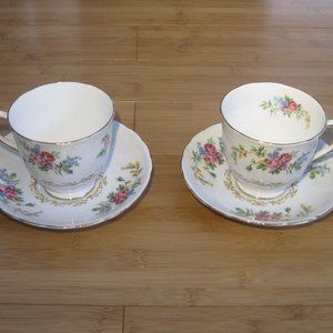 Set of Two (2) New Chelsea Staffs Cups & Saucers Pink Floral Gold Rim England